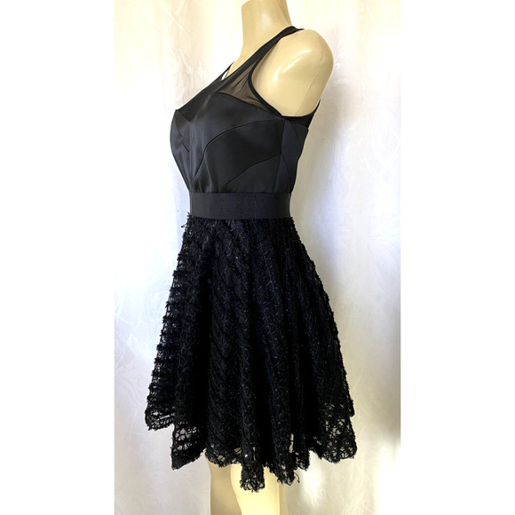 Milly Dress Mesh Satin Lace Sleeveless Fit Flare Black Round Neck Back Z… - Picture 2 of 5
